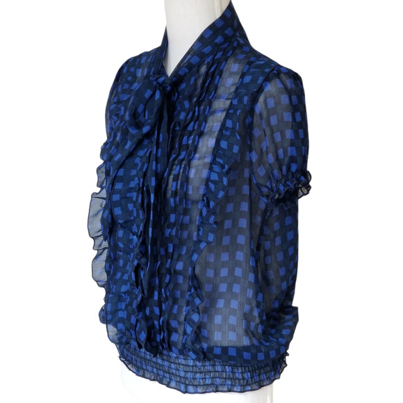 Bow Tie Neck Grid Checks Shirt Office Work Top Blouse - Size Small - Picture 4 of 4